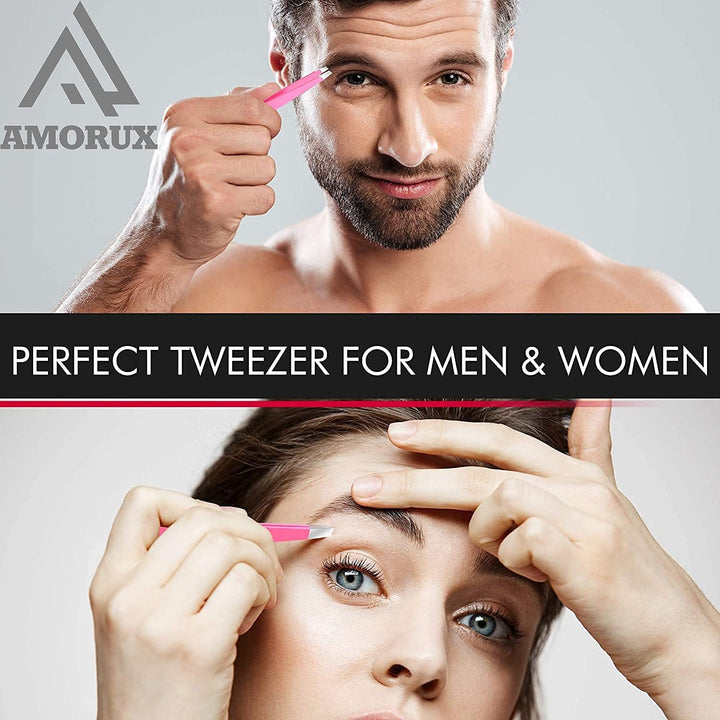 Professional Slanted Tweezer for Facial Hair Women & Men Stainless Steel Precision Tweezers for Ingrown Hair (Pink)