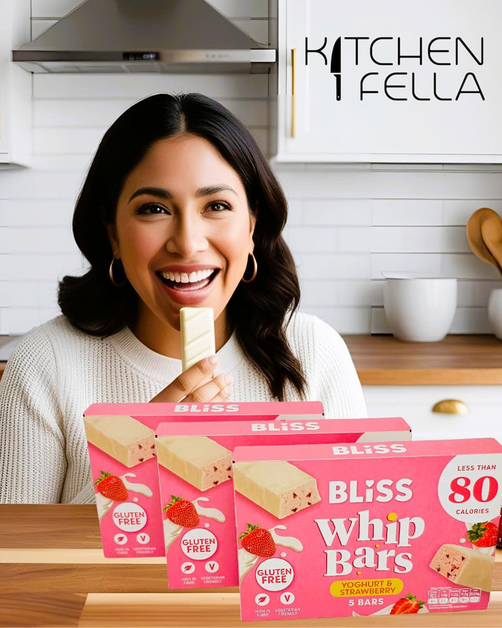 Gluten Free Bliss Whip Bars Strawberry & Yoghurt | under 80 Calories | High Fibre | Vegetarian Cereal Bars | 3 X 5 Packs with  14-Day Healthy Eating Challenge