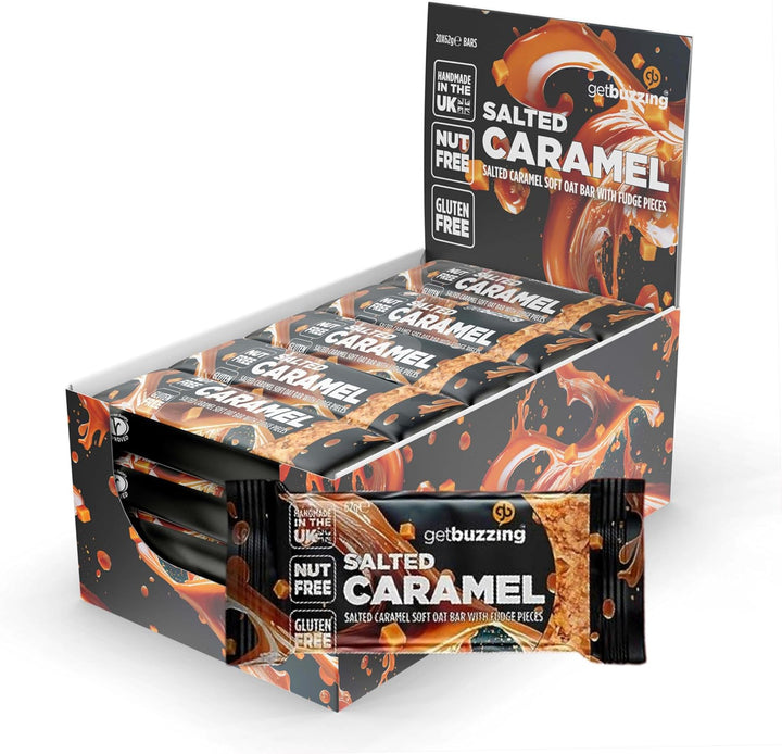 Getbuzzing Nut Free Oat Flapjack Healthy Snack & Energy Bars - Running,Gym, Cycling - Breakfast Snack - Made in the UK - Salted Caramel Pack of 20 X 62G Bars