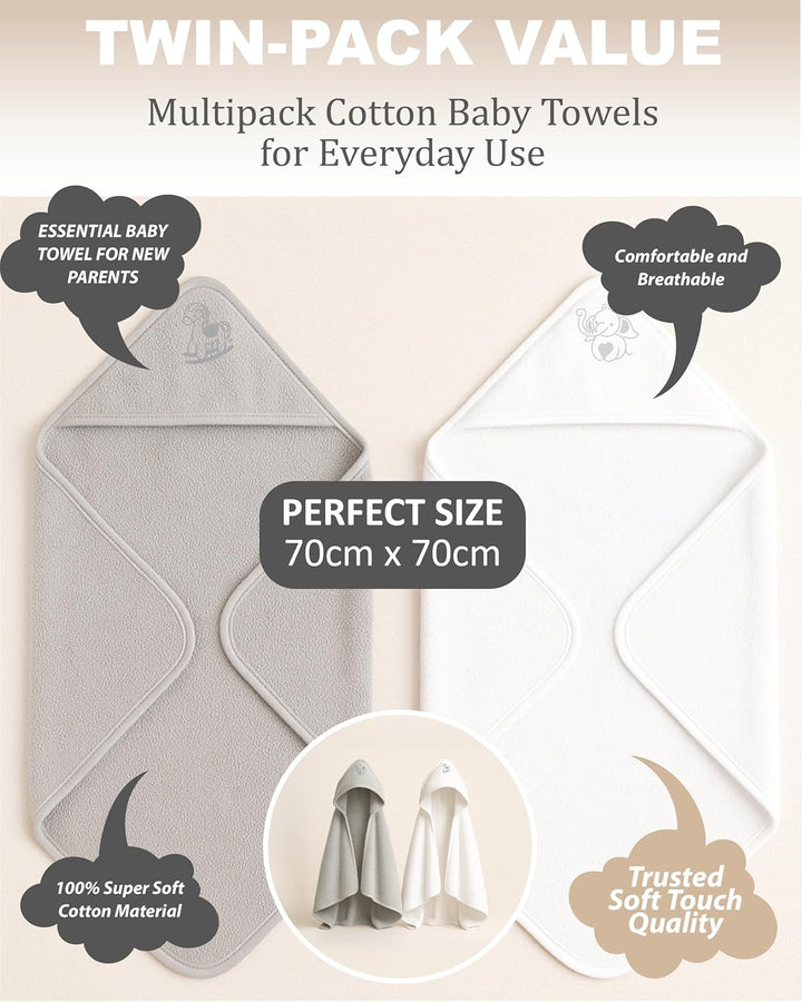 Newborn Essentials 100% Cotton Embroidered Hooded Baby Towel 70 X 70Cm for Baby Boys and Girls 0-24 Months (2-Packs)