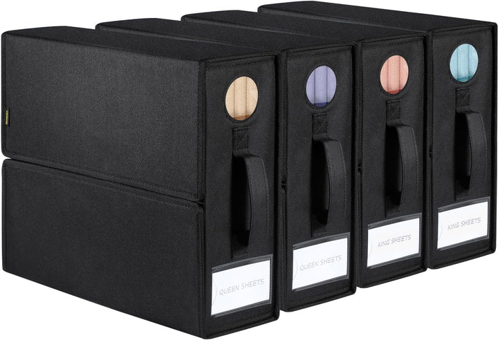 4 Pack Foldable Bed Sheet Organiser Storage, Folding Bedding Organizer Box with Clear Window and Zip for Sheets, Duvet Covers, Blankets, Pillows, Clothes and Towels(Queen & King Size), Apricot