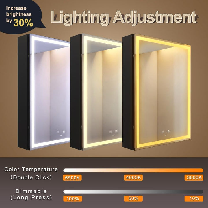50 X 70 Cm LED Lighted Bathroom Medicine Cabinet with Mirror, Defogger, Dimmer, 3 Color Light Makeup Mirror, Easy to Install, Wall Mounted Medicine Cabinet without Socket & Usbs
