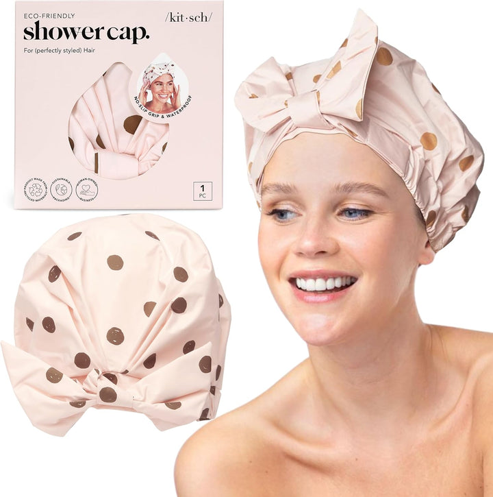 Luxury Shower Caps for Women Reusable Waterproof - Flexi Satin Lined, Large Wide Shower Cap for Women & Men, Adjustable, Stylish Hair Cap for Shower, for Long & Short Hair - Terracotta Checker