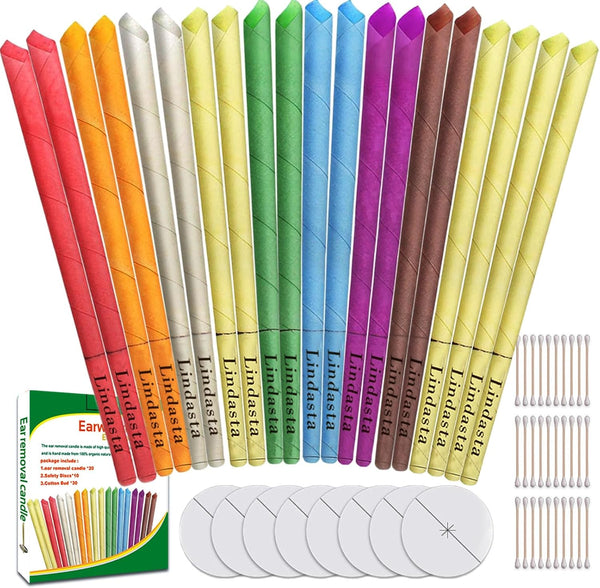 20 Pcs Ear Candles,All Natural Ear Candles Beeswax Candling Cones, Ear Wax Candles,100%Non-Toxic Cylinders Fragrance Hollow Cone Candles With(20 Ear Candle)+10 Protective Disks+30 Cotton Swab