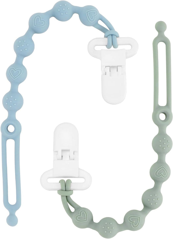 Silicone Dummy Clip for Baby Boys and Girls, One Piece Pacifier Clips, Wooden Soother Clips Design, Fits Most Pacifiers and Teething Toys (Sage+Ether)