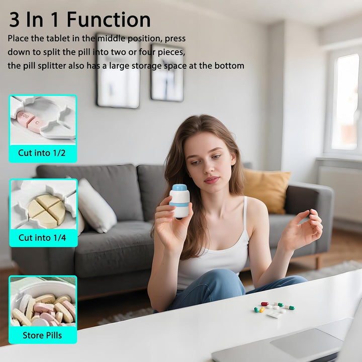 Pill Cutter, Stainless Steel Blade Pill Splitter with 1/2 & 1/4 Cutting, Airtight Storage Container, Portable Pill Cutters for Small or Large Pills(Blue)