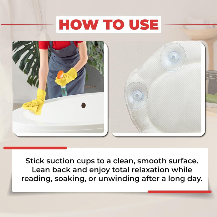 Luxury Bath Pillow for Bathtub - Comfortable Head, Neck & Back Support Spa Pillow - 4D Mesh Cushion with 6 Suction Cups - Fits All Bathtubs, Hot Tubs & Spa Tubs - Quick-Dry Bath Pillow White