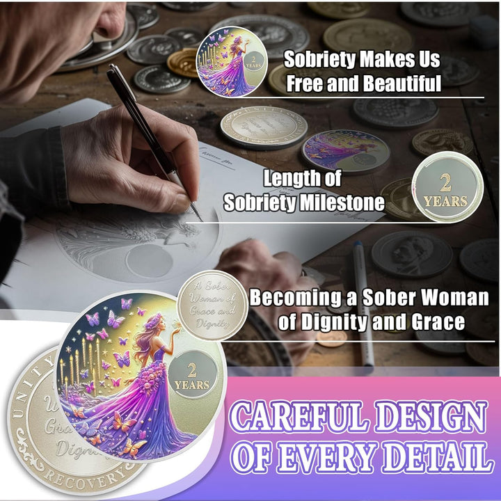 Butterfly Fairy 2 Year Sobriety Chip, Sober Women Two Year Sober Chip - Clean AA Chips and Medallion - Recovery Affirmation NA AA Coin - Narcotics Alcoholics Anonymou Sobriety Gifts for Women