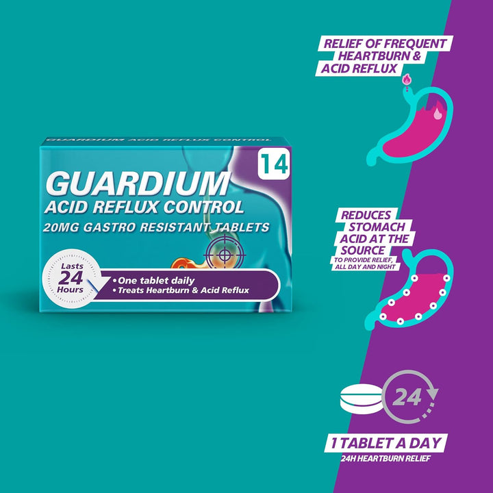 Guardium Esomeprazole Acid Reflux Tablets, 14 Pack - Indigestion & Heartburn Relief, 24-Hour GERD/GORD Protection, Antacids for Digestion & Nausea