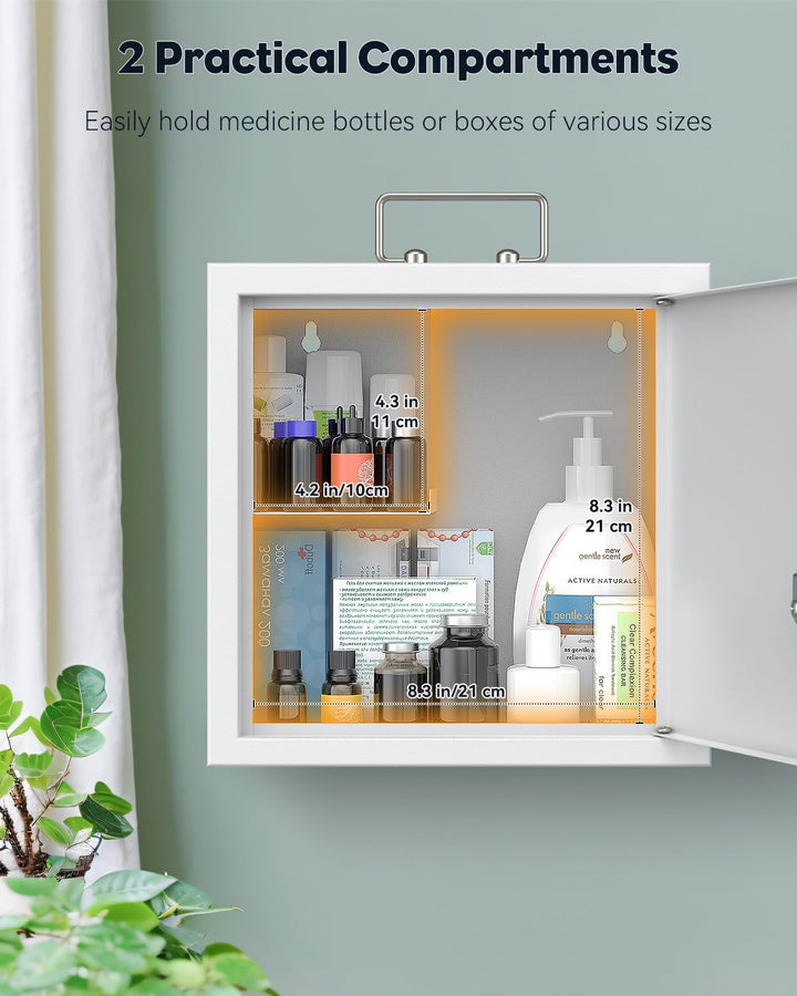 Wall Mount Medicine Cabinet with Key Lock & Handle Locking First Aid Lockable Medical Storage Box Medium Medicine Organizer Secure Steel Wall Cabinet Metal Storage Box, White