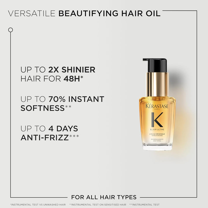 Kérastase Elixir Ultime Hair Oil, Nourishes Dull Hair, for All Hair Types, Strengthens and Protects Hair from Heat, with Argan and Camellia Oil, L'Huile Originale