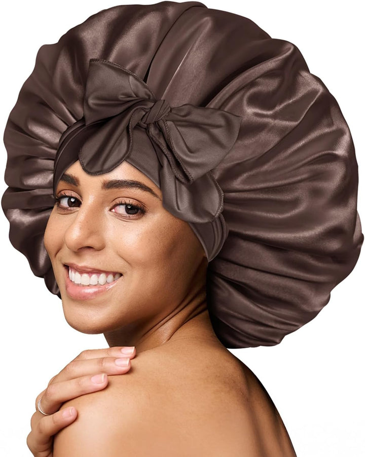 Silk Bonnet for Sleeping for Curly Hair, Satin Bonnet Hair Wrap for Women & Men, Adjustable Silk Scarf Night Cap with Tie Band, Champagne