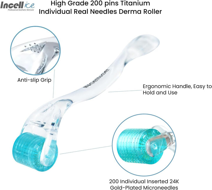 Derma Roller 0.5Mm, 200 Real Individual Needles, Microneedling Roller for Hair Beard Growth, Titanium Micro Needling Roller for Face Body Scalp Men and Women