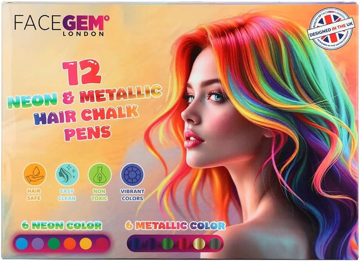 12 Hair Chalks, 12 NEON & METALLIC Hair Chalk, Non-Toxic Easy Washable Hair Dye Colourful, METALLIC & NEON Hair Chalk - Perfect for Festivals, Halloween, Parties, Hair Chalks for Girls