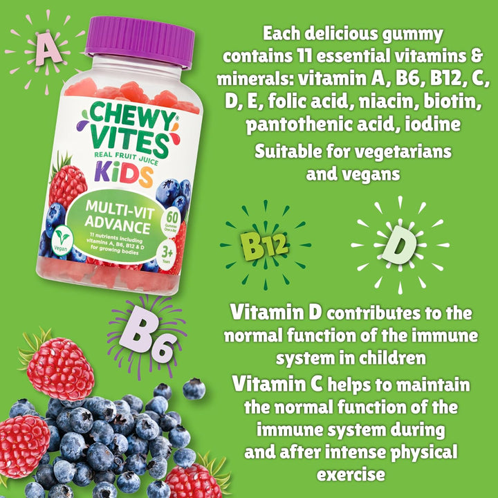 Kids Multivitamin Advance, 60 Kids Vitamins Gummies, 11 Essential Nutrients, 2 Months Supply, Real Fruit Juice, Vegan, Age 3 +, Blueberry and Raspberry Flavour