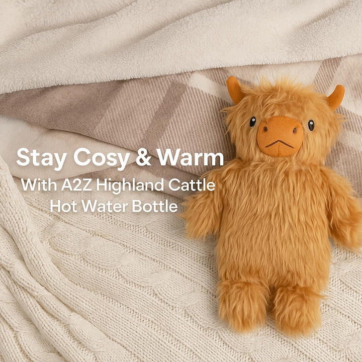 Highland Cow Hot Water Bottle 750Ml 3D Animal Face Plush Cover Soft Cosy Furry Design Natural Rubber Bottle Heat Therapy Neck Back Pain Relief Bedtime Relax Gift Idea for Adults & Kids