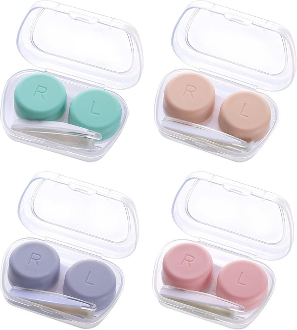 4 Pack Contact Lens Cases, Contact Lens Container Box Portable Travel Contact Lens Case Left/Right Eyes Contact Lens Holder with Storage Box Tweezers Wearing Stick