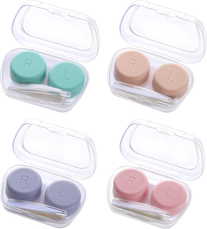 4 Pack Contact Lens Cases, Contact Lens Container Box Portable Travel Contact Lens Case Left/Right Eyes Contact Lens Holder with Storage Box Tweezers Wearing Stick