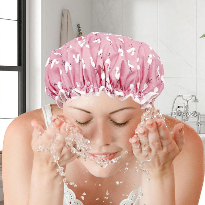 Shower Cap for Women, Elastic Band Waterproof Plastic Shower Cap, Double Layers Reusable with Ruffled Edge Covering Ears for Long, Short and Curly Hair (Pink Bird)