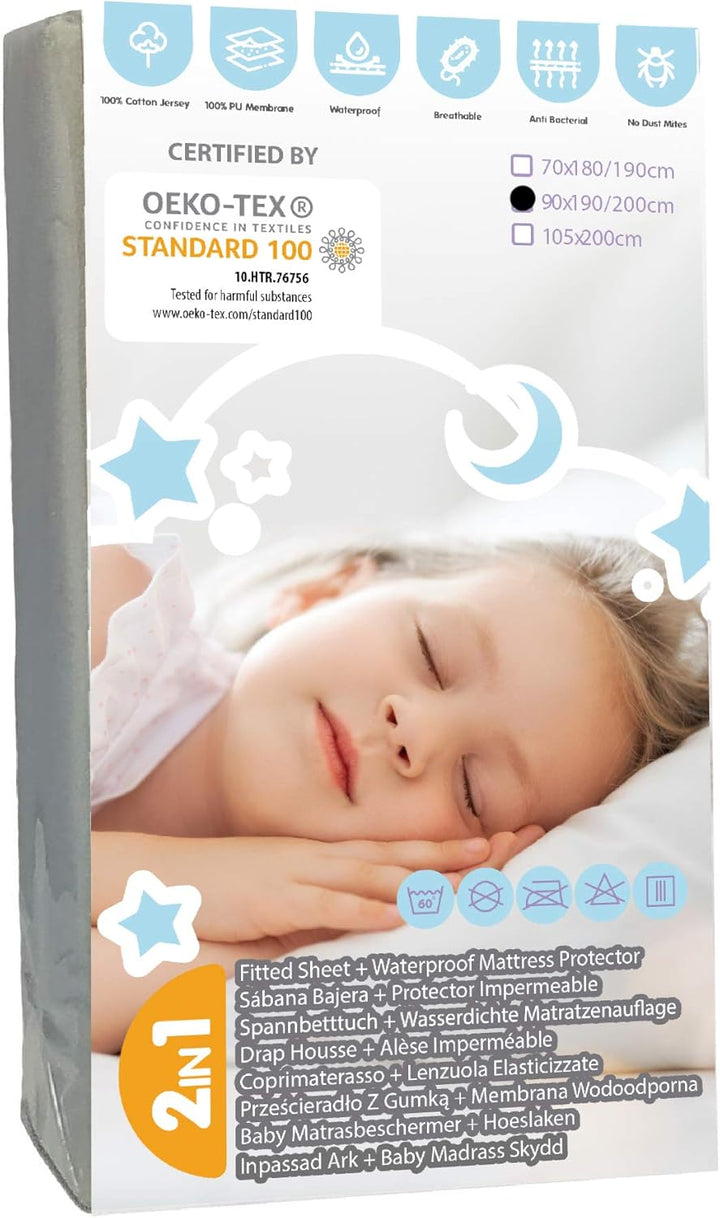 Toddler Bed Waterproof Fitted Sheet 130 X 80 / 32X52-2In1 Fitted Sheet Mattress Protector Made of 100% Jersey Oeko-Tex + PU for Junior Cot Bed - Soft & Silent - White