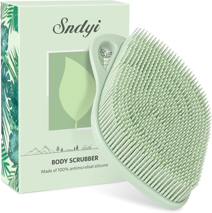 Silicone Body Scrubber, Gentle Exfoliating Shower Scrubber for Sensitive Skin, Leaf Shaped Silicone Loofah Body Brush with Lathering Bristles, Oatmeal