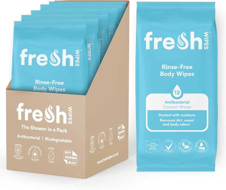 Antibacterial Body Wet Wipes for Adults 1 Pack (12 Wipes) - Coconut Scent - Extra Large Biodegradable - Dermatologically Tested & Suitable for the Elderly or Disabled - Great for Camping