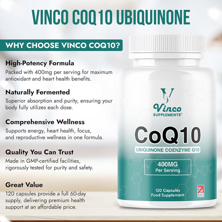 Vinco Coq10 400Mg - 120 High Strength Ubiquinone Coenzyme Q10 Capsules - Antioxidant for Heart & Cardio, Increased Energy & Focus - Naturally Fermented - Non-Gmo & Gluten Free - UK Made