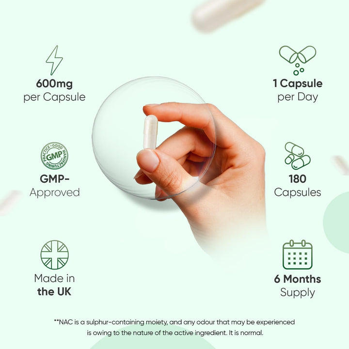 NAC N-Acetyl-Cysteine 600Mg - 180 Capsules (6 Months Supply) - 1 per Day - Vegan & Gluten-Free NAC Supplement - Precursor to Glutathione - N-Acetyl-Cysteine Nutritional Supplements - Made in the UK