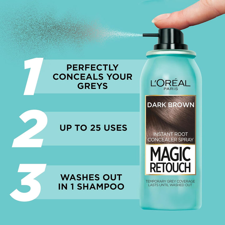 Paris Magic Retouch Instant Root Spray, Dark Brown. Offers Flawless Coverage for Grey Regrowth in 3 Seconds. This 75Ml Spray Provides a Quick, Easy Way to Conceal Roots Perfectly.