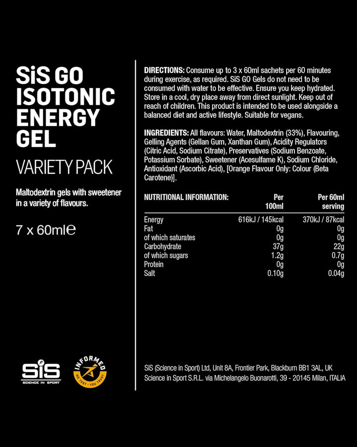 GO Isotonic Energy Gels, Running Gels with 22G Carbohydrates, Low Sugar, Variety Pack of Assorted Flavours, 60Ml per Serving (7 Pack)