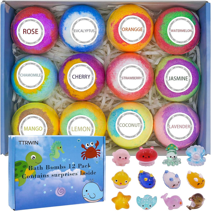 12 Pcs  Bath Bomb Gift Set,With Surprise Toys Inside, Organic and All Natural Ingredients Bubble Bath Bombs Fizzes Spa Ideal Birthday Easter for Boys & Girls