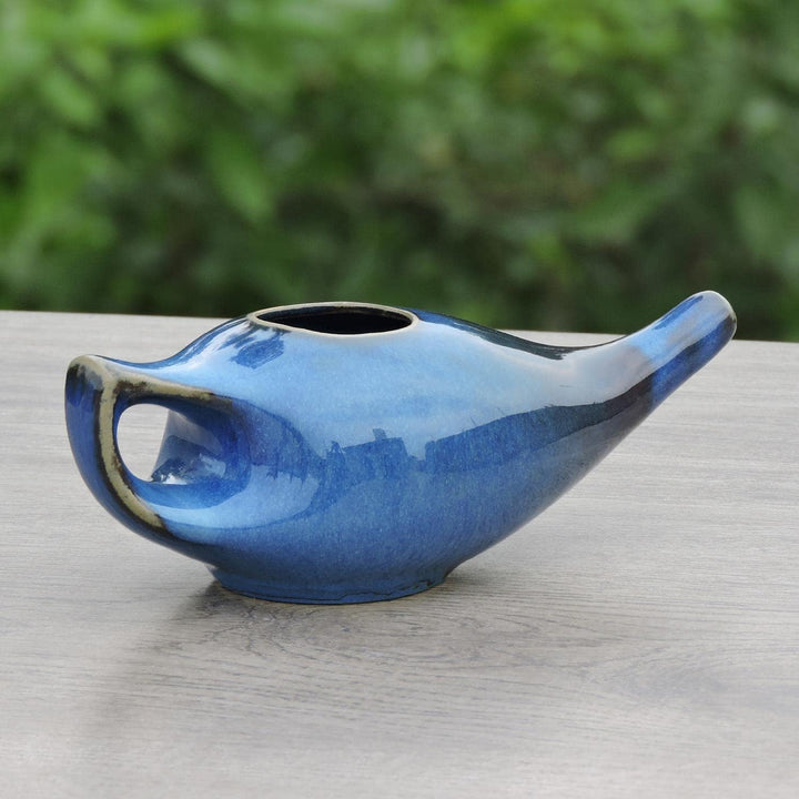 Ancient Impex Porcelain Ceramic Neti Pot with 5 Sachets of Neti Salt | Natural Sinus & Allergy Relief | Ayurvedic Nasal Cleansing Pot for Daily Nasal Wash – Elegant Blue Gradient Design