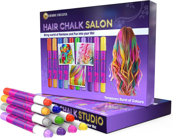 Hair Chalk Gift for Girls - 10 Temporary Non-Toxic Easy Washable Hair Dye Colourful, Metallic, Glitter Pens - Great Games Birthday Girls