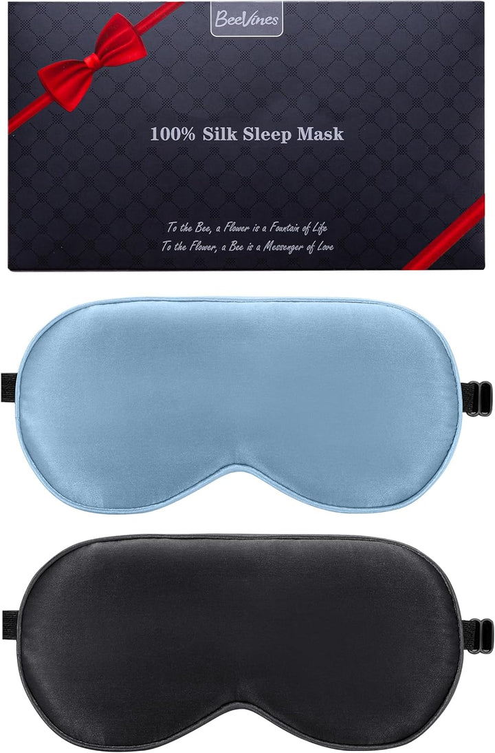 Sleep Mask, 2 Pack 100% Real Natural Pure Silk Eye Masks with Adjustable Strap for Sleeping, Mulberry Silk Eye Sleep Shade Cover, Block Light Reduces Puffy Eyes Traveling Gifts