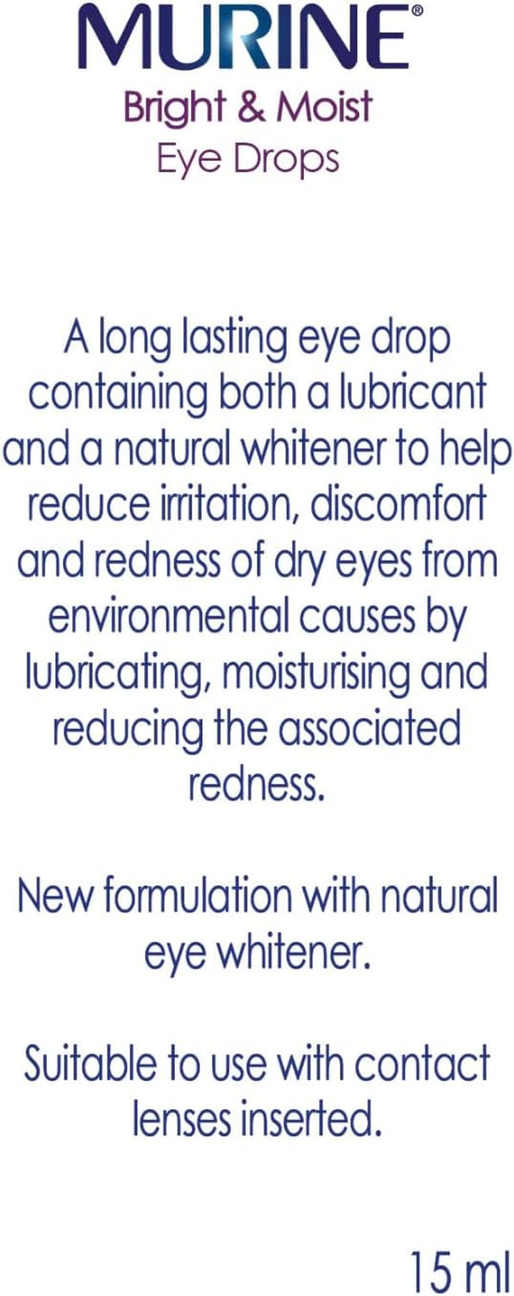 Bright & Moist Eye Drops to Whiten Eyes as Well as Hydrating and Soothing Dry and Sensitive Eyes, 15Ml