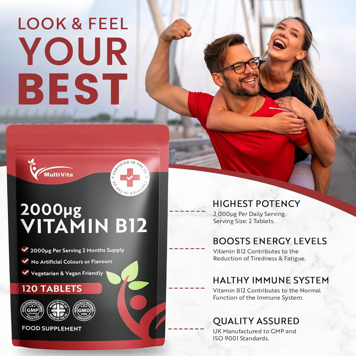 Vitamin B12 Tablets 2000Mcg – High Strength Methylcobalamin Form – 120 Vegan Tablets Not Capsules, 2 Months Supply – Bioavailable & Easy to Swallow – UK Made Non-Gmo, Gluten-Free, Dairy-Free