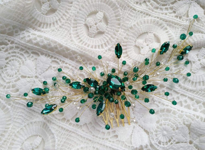 Women Gold Headpiece Teardrop Emerald Green Crystal Hair Vine Comb Wedding Hair Accessory Rhinestone Hair Piece Gift for Her Party Headress for Bride Bridesmaid Girls(Gold)