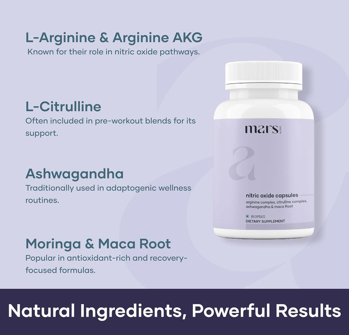 Mars Nitric Oxide Capsules – with L-Arginine, L-Citrulline & Adaptogenic Blend | Supports Energy, Circulation & Muscle Recovery | 60 Capsules