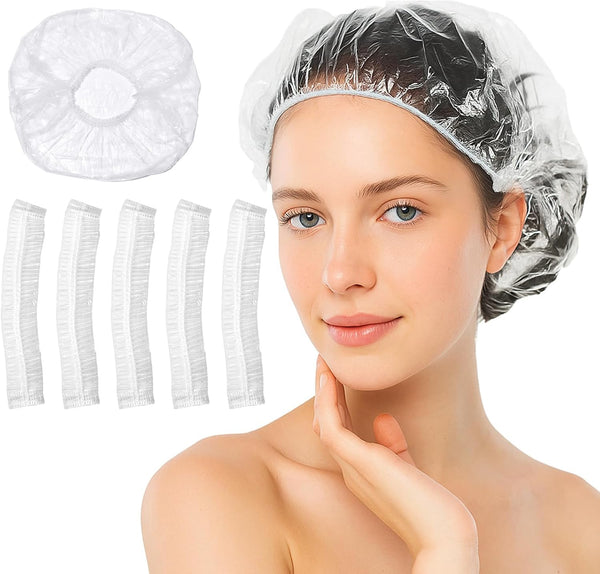 100Pcs Shower Caps Disposable, Disposable Shower Caps for Women, Large Thick Waterproof Shower Cap, Plastic Elastic Hair Bath Caps for Hair Treatment for Salon, Spa, Travel, Home Use, Hotel (White)