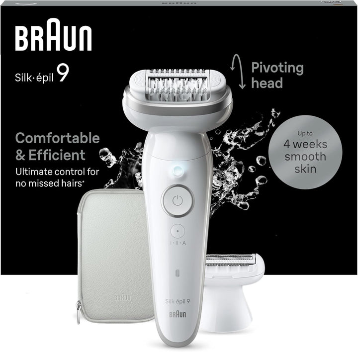 Silk-Épil 9, Epilator with Pivoting Head for Easy Hair Removal, Wet & Dry, Lasting Smooth Skin, with Lady Shaver Head & Trimmer Comb, 9-441, White/Silver with EU Plug