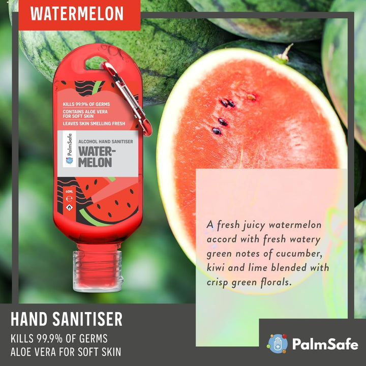 Watermelon 60Ml anti Bacterial Premium Hand Sanitiser Travel Size Refillable Clip Bottle Quick Drying Non Sticky Extra Moisturising Kills 99.9% of Viruses and Bacteria