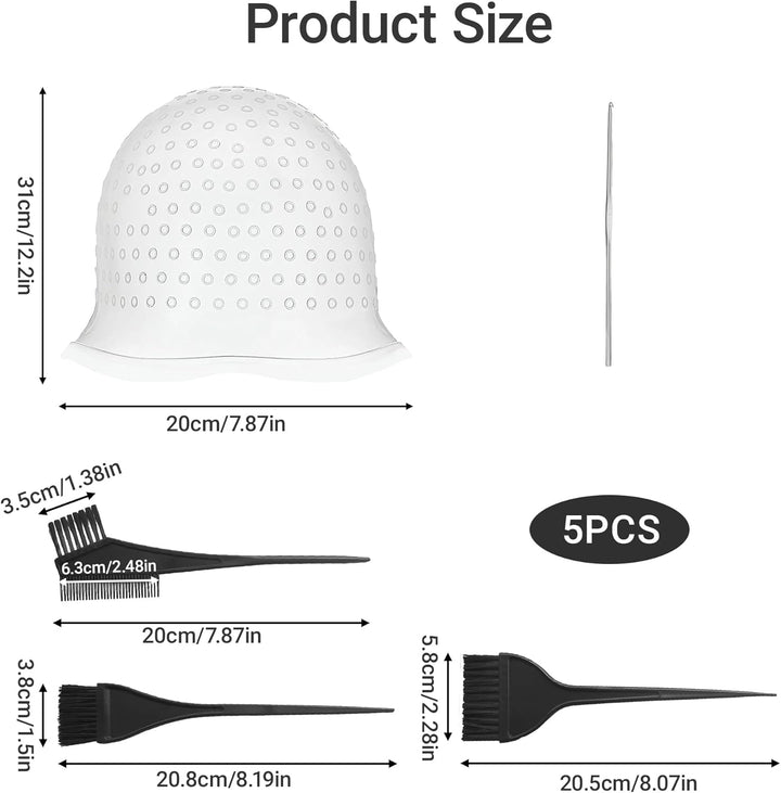 5PCS Highlighting Cap Highlight Cap and Hook Kit Hair Highlighting Kit Professional Silicone Reusable Kit for Color Hair Salon Hairdressing Dyeing Staining Tools for Women Men(With Punch Holes)