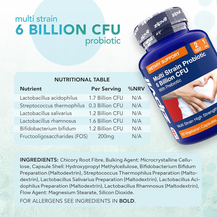 Probiotic 6 Billion CFU with Prebiotic, Multi Strain Probiotics with 5 Strains Including Lactobacillus Acidophilus, 60 Vegetarian Capsules for Women & Men, 2 Month Supply