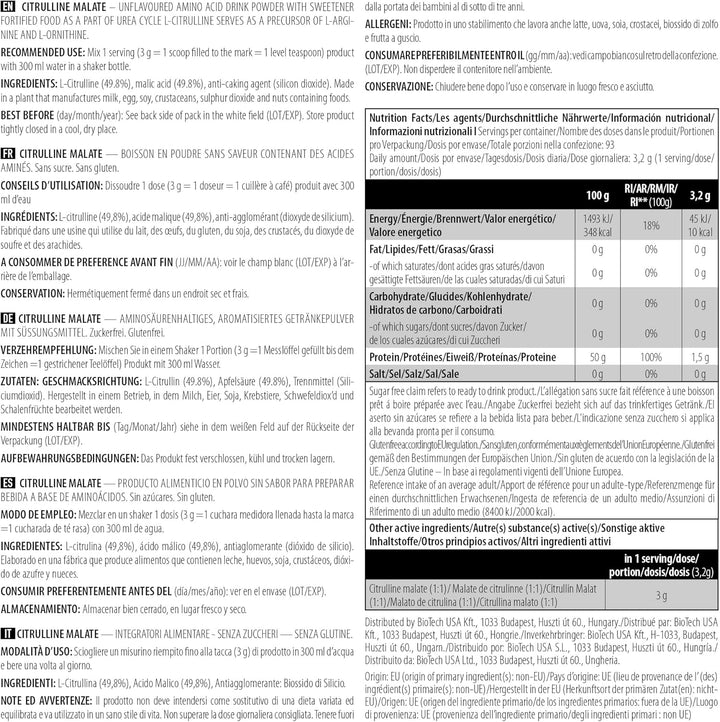 Citrulline Malate Powder | Essential Amino Acid for Athletes | Sugar-Free | Gluten-Free | 300 G | Unflavoured