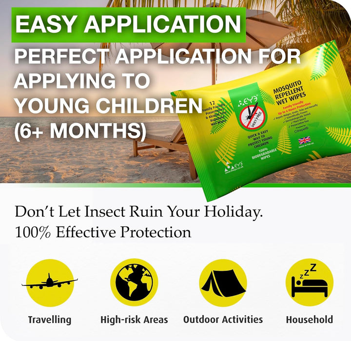 Mosquito Repellent Wipes - 100% Natural & Plant Based, Free of Deet, Alcohol & Harmful Chemicals - up to 6 Hours Insect Repellent Protection - for Sensitive Skin