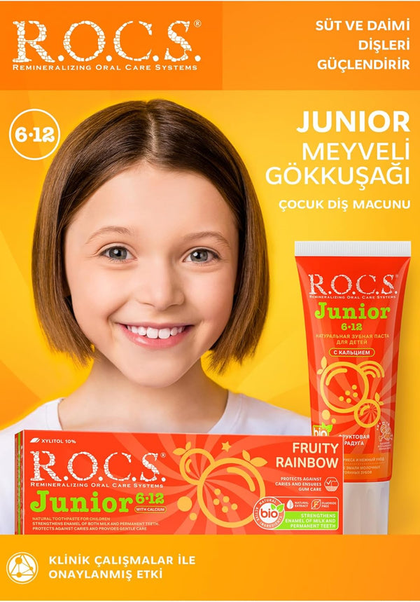 (ROCS) Toothpaste Junior (6-12 Y.O.) Fruity Rainbow 74 G - Fluoride Free - Safe Formula - Safe If Swallowed - Protection against Caries - Remineralization - Protection for Permanent Teeth