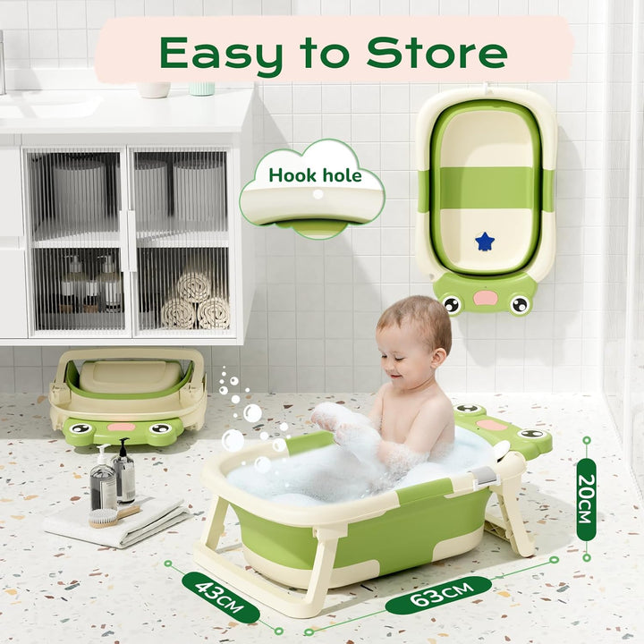 Foldable Baby Bath Tub for Newborn, Collapsible Baby Bathtub with Soft Support Cushion (0-18Months), Baby Shower for Infant to Toddler Gift, Travel Outdoor Design (Green)