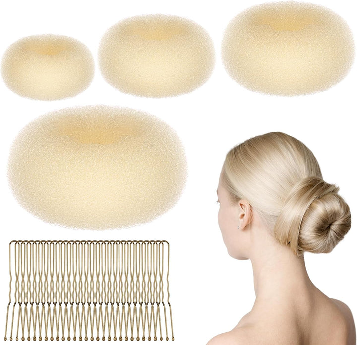 Hair Donut Bun Maker Set, 4 Pcs Ring Style Donut Bun Shaper with 30 Hair Pins, Blonde Chignon Doughnut Bun Hair Accessories for Girls Kids Women DIY Chignon Hair Styles