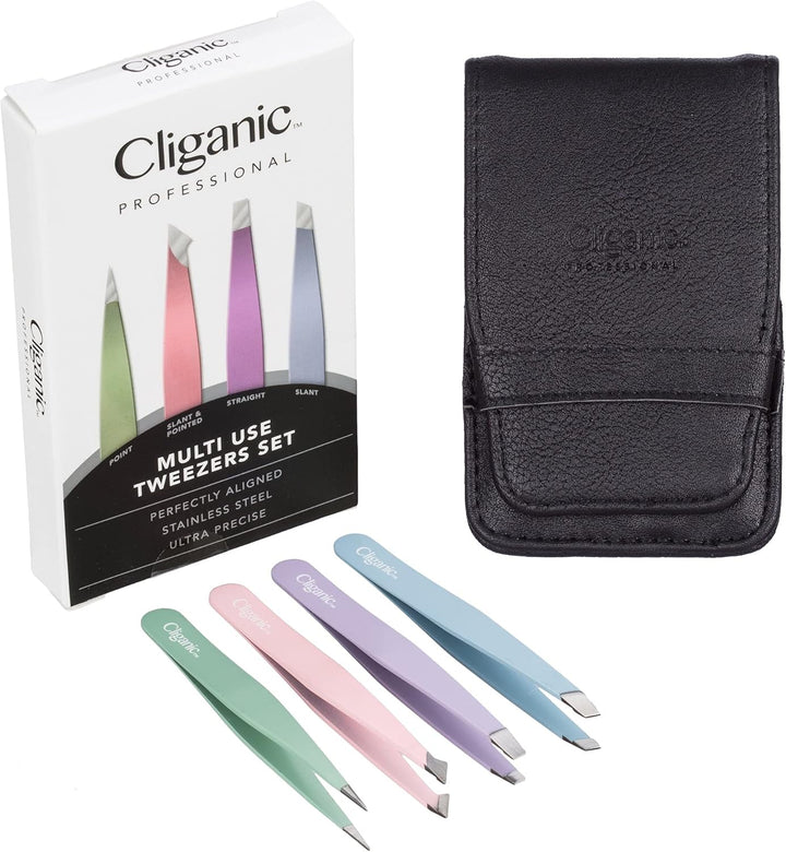 4-Piece Professional Tweezers Set with Case | Stainless Steel | Best Precision for Eyebrow, Splinter & Ingrown Hair Removal | Includes: Slant, Point, Straight, & Point/Slant