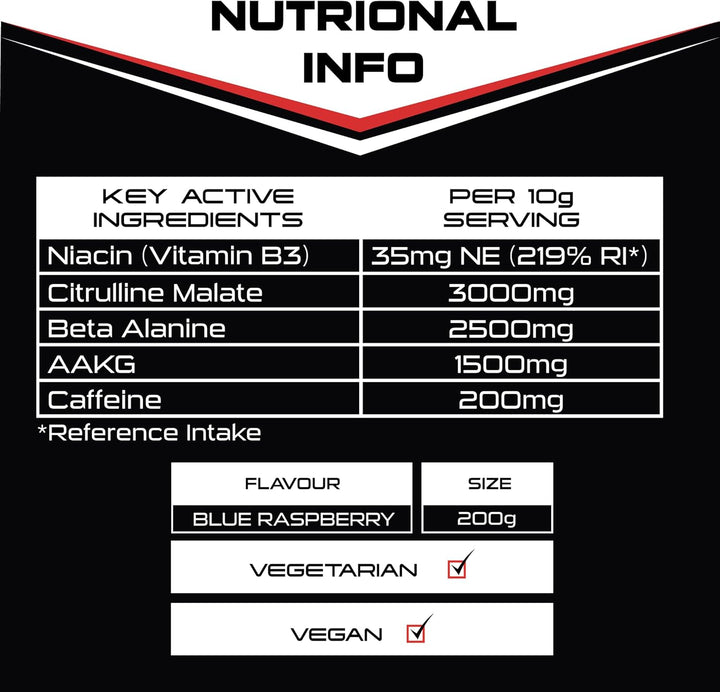 - Total Pre Workout - Blue Raspberry Flavour - 2500Mg Beta Alanine • 3000Mg Citrulline Malate • 200Mg Caffeine • Niacin for Fatigue - 200G